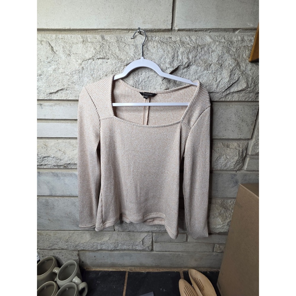 Banana Republic Womens Square Neck Ribbed Long Sleeve Top Oatmeal Beige Medium